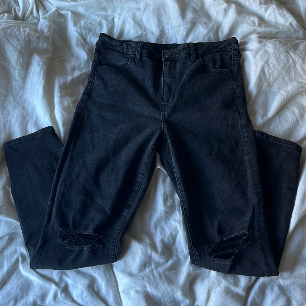 American Eagle Black Stretch Skinny Jeans Jeggings Knee Holes 14 Regular